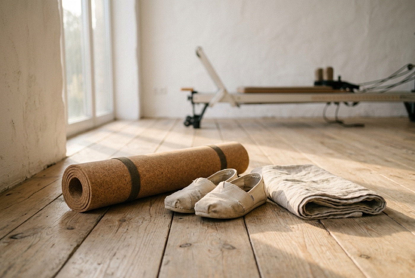 A rolled cork mat, canvas shoes and a folded towel on the floor, with the Lagree reformer behind them.